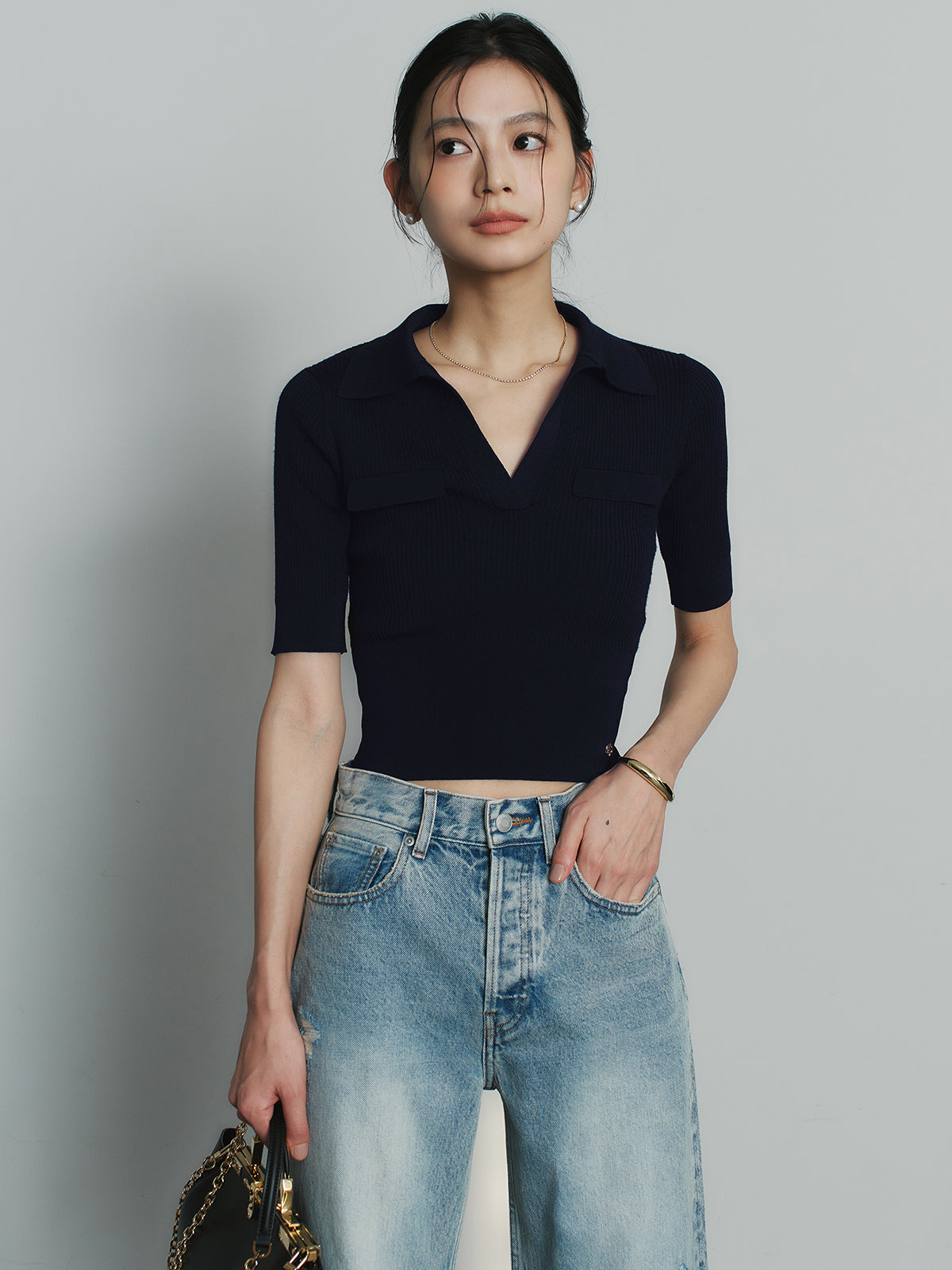 極美品　anuans アセテートスキッパーリブニットトップス　ネイビー アセテートスキッパーリブニットトップス