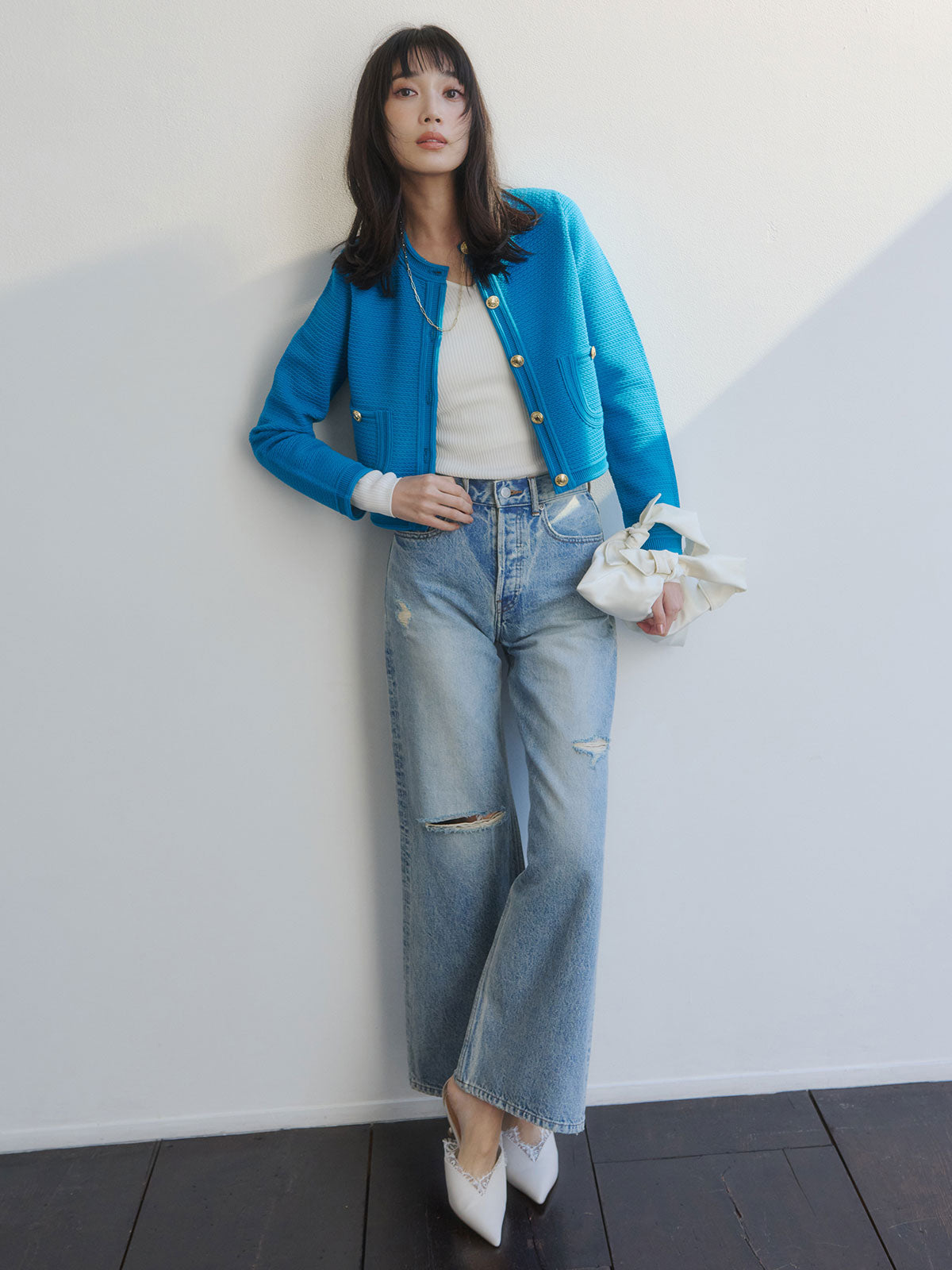 ノーカラーラーベンニットジャケット