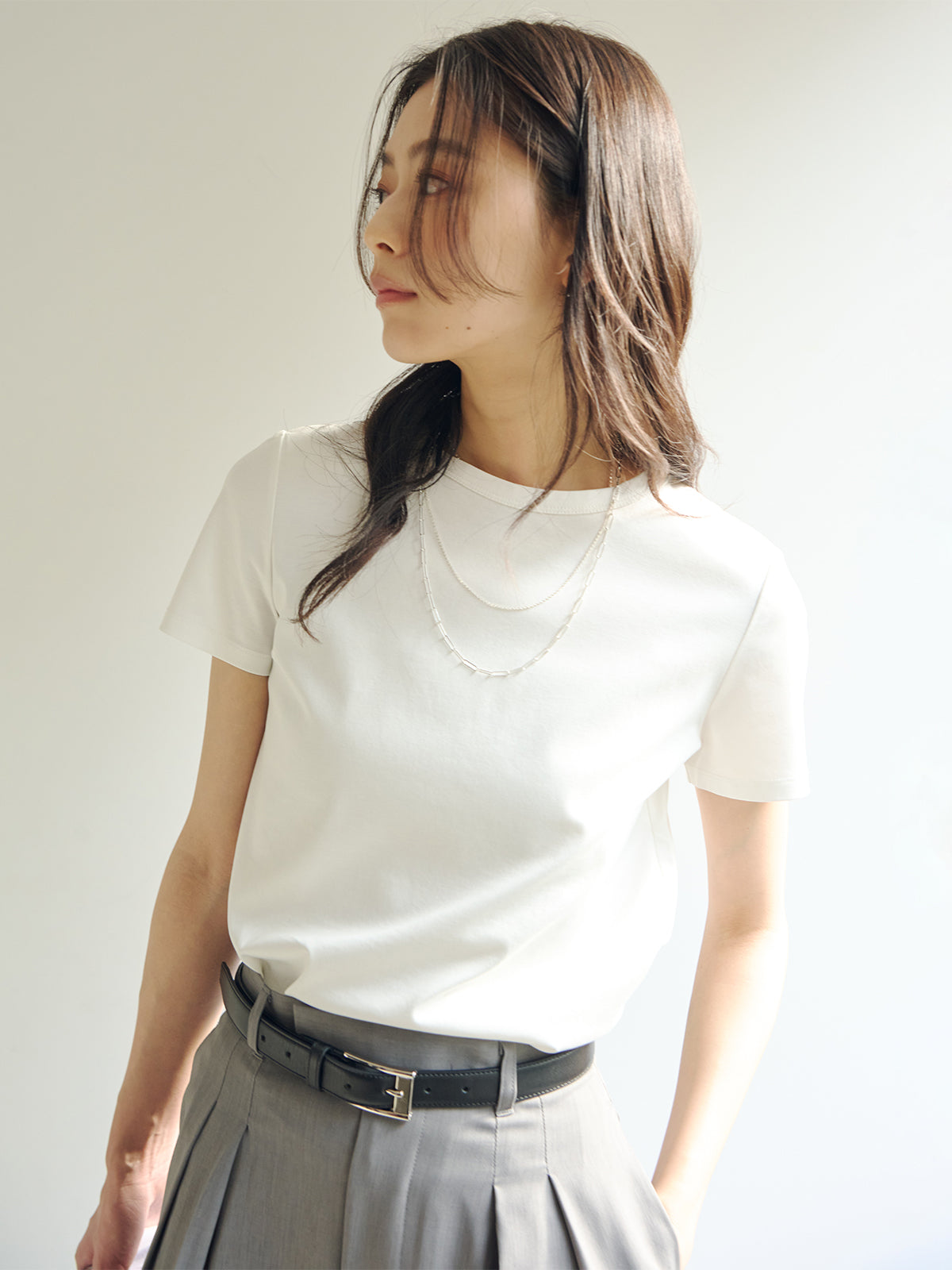 シルクタッチコットンスリムフィットTシャツ