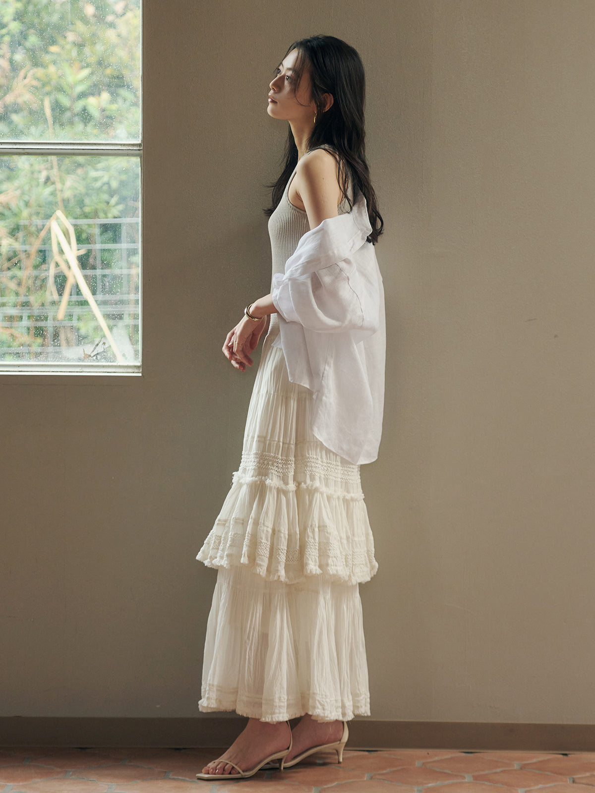 Indiaクリンクルティアードマキシスカート