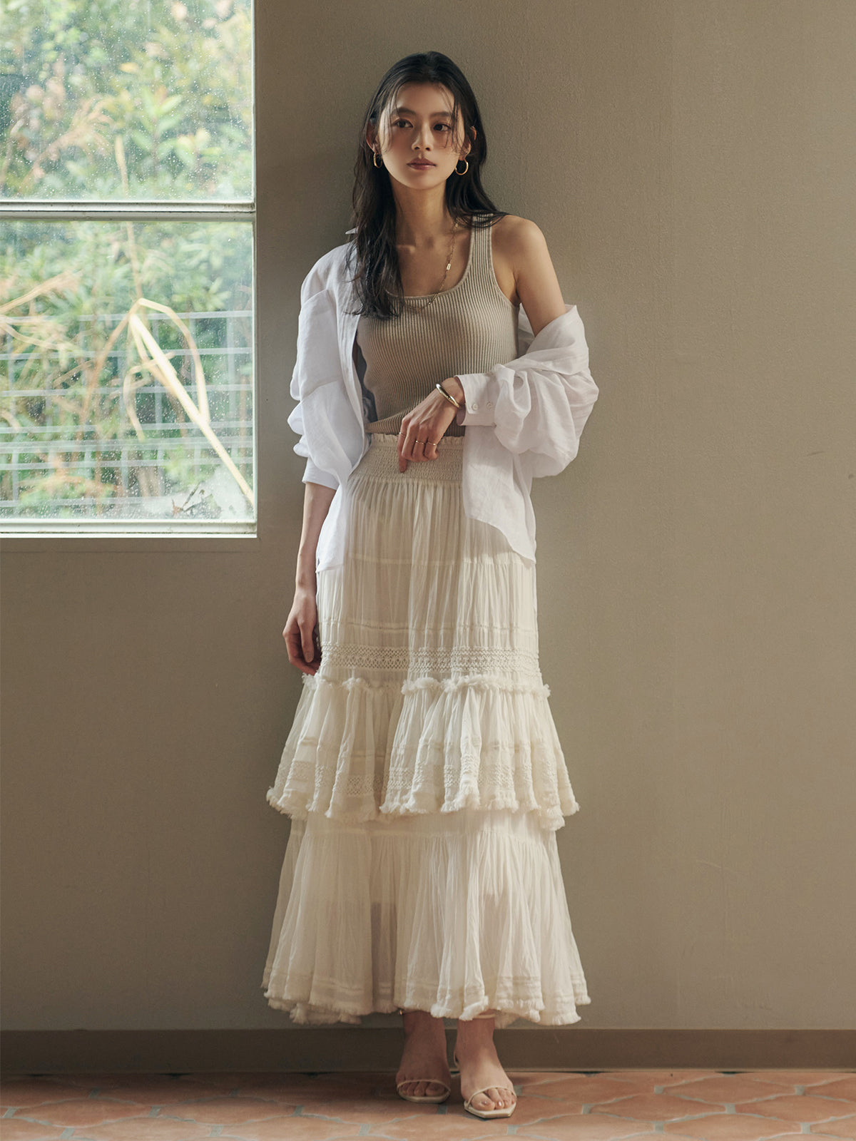 Indiaクリンクルティアードマキシスカート