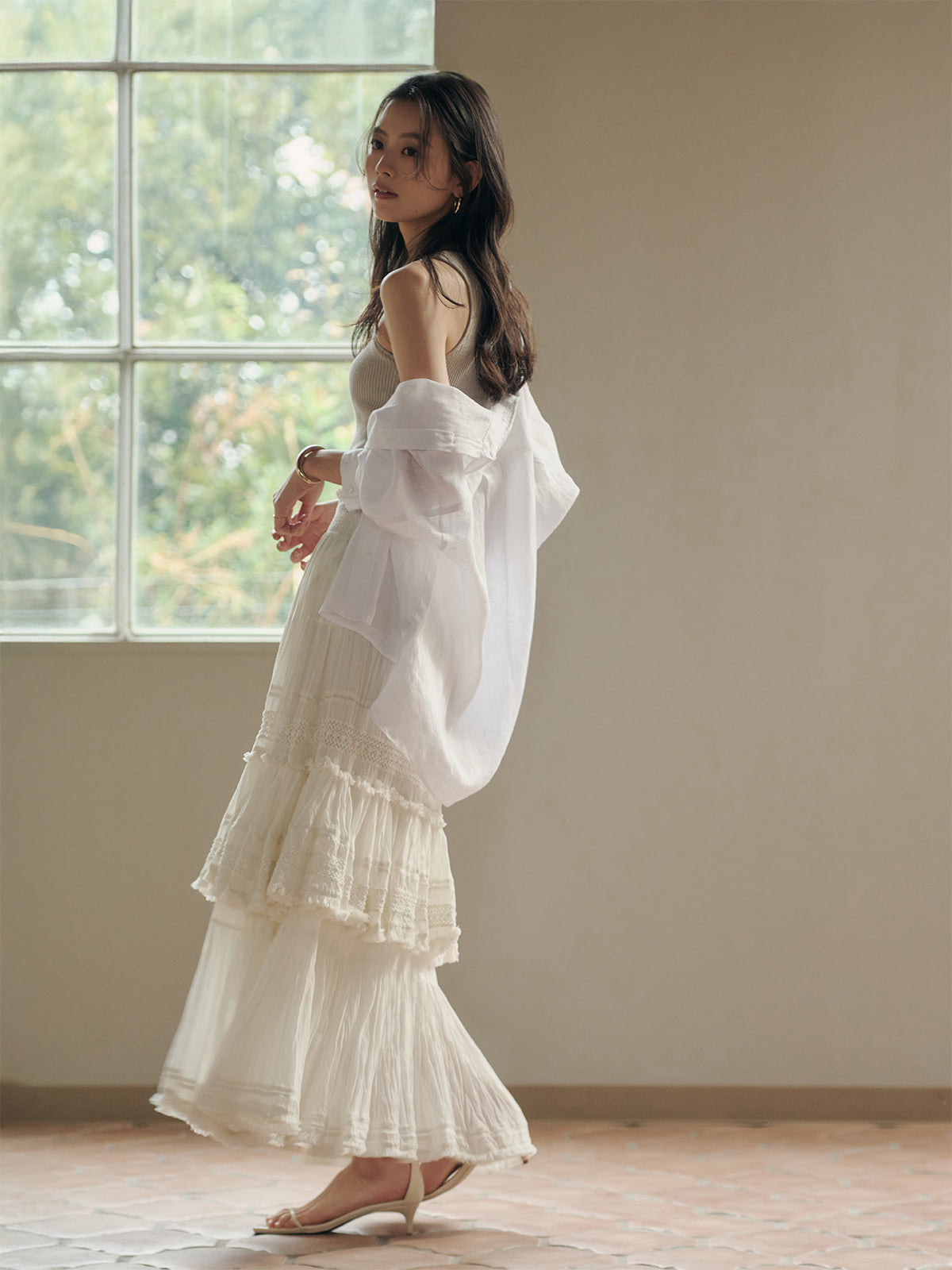 Indiaクリンクルティアードマキシスカート