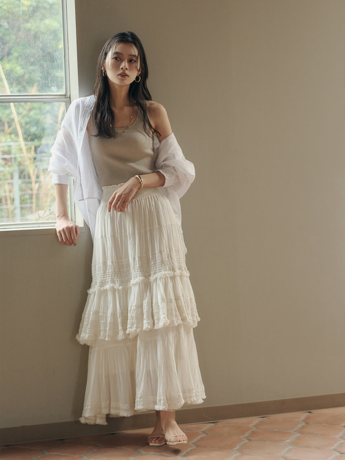 India 크링클 티어드 맥시 스커트