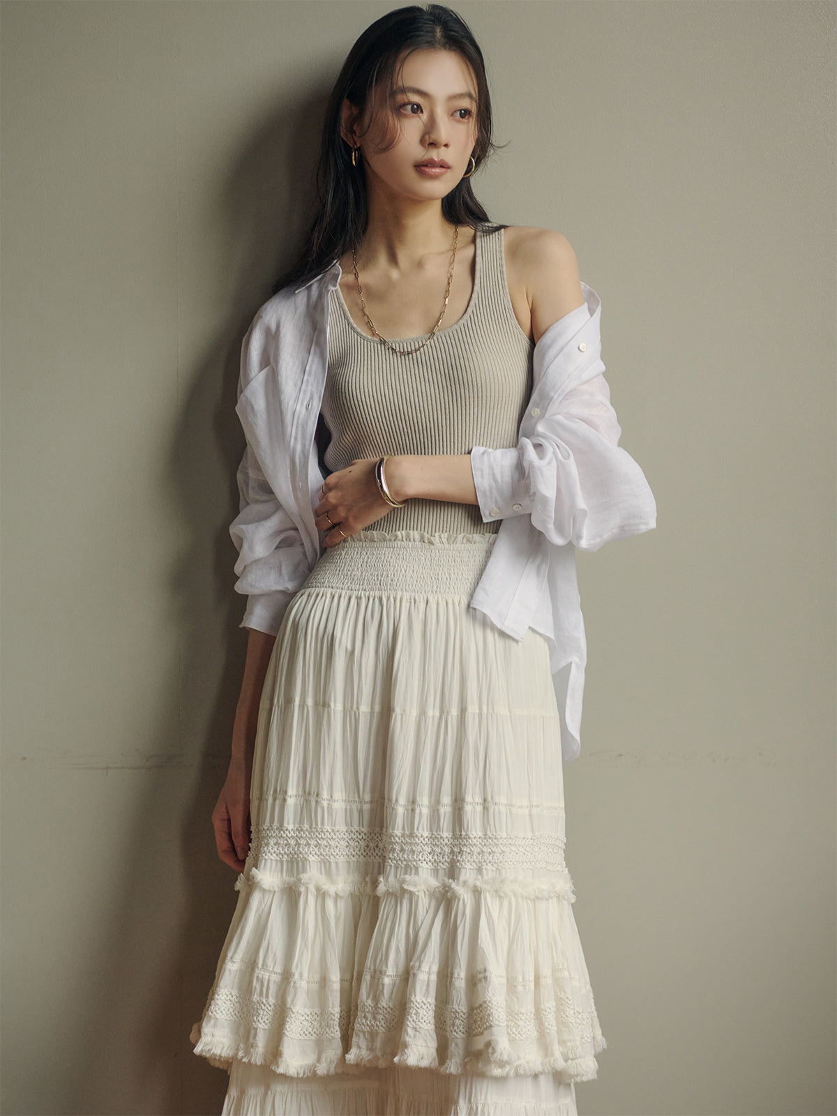 India 크링클 티어드 맥시 스커트