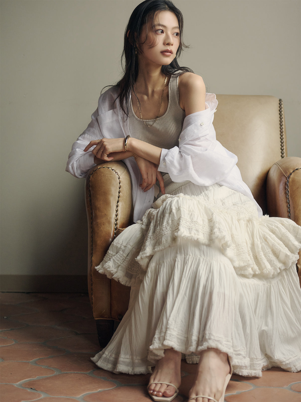 India 크링클 티어드 맥시 스커트