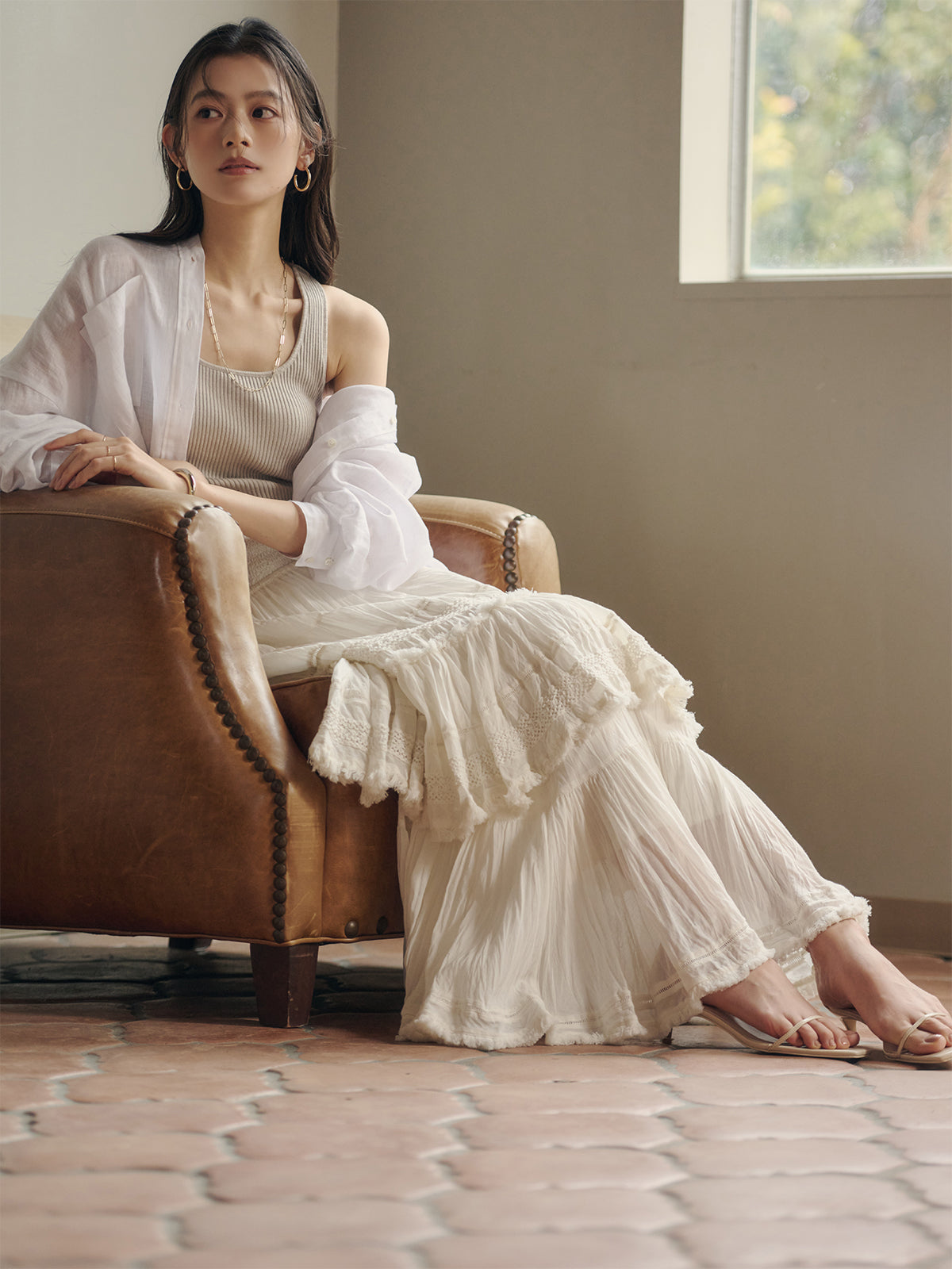 India 크링클 티어드 맥시 스커트