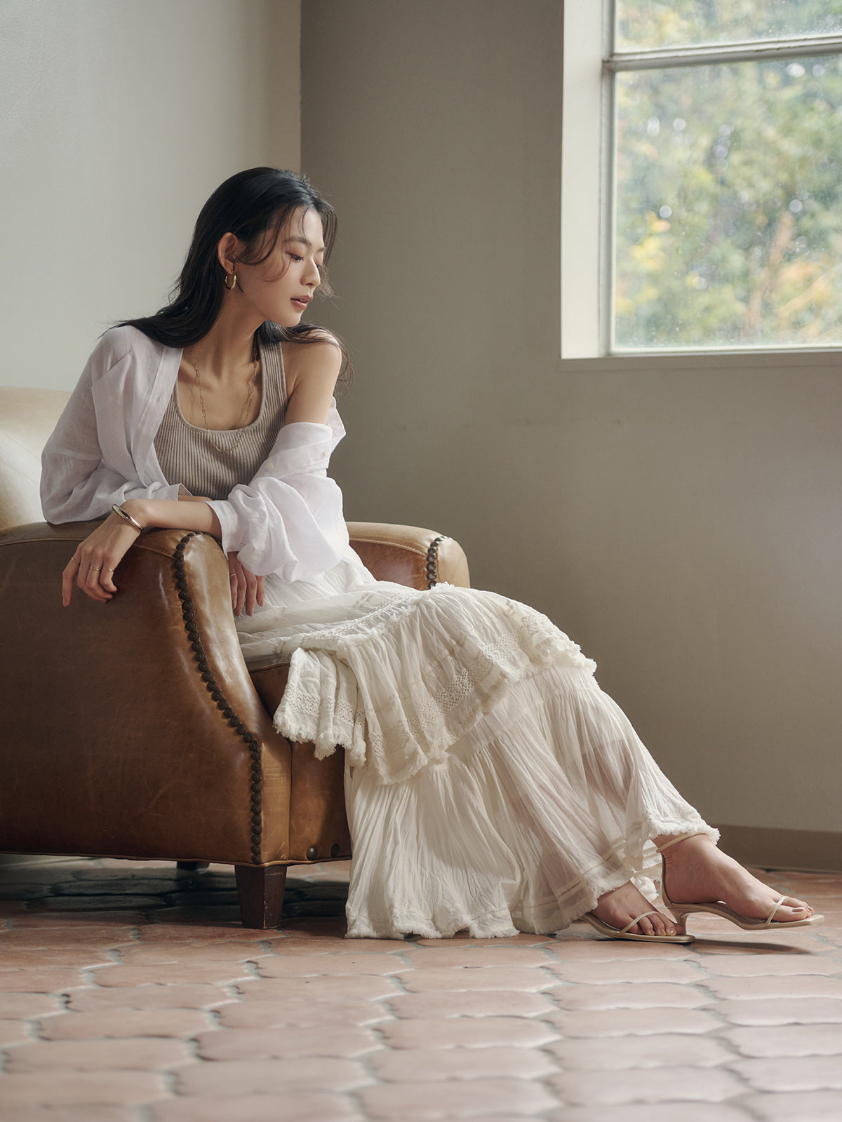 India 크링클 티어드 맥시 스커트