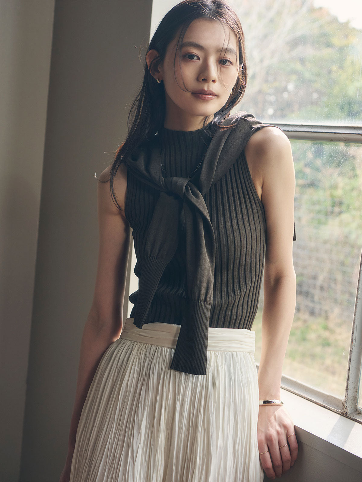 マーセライズコットンリブニットトップス