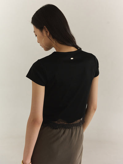 シルクタッチコットンレーストリムコンパクトTシャツ
