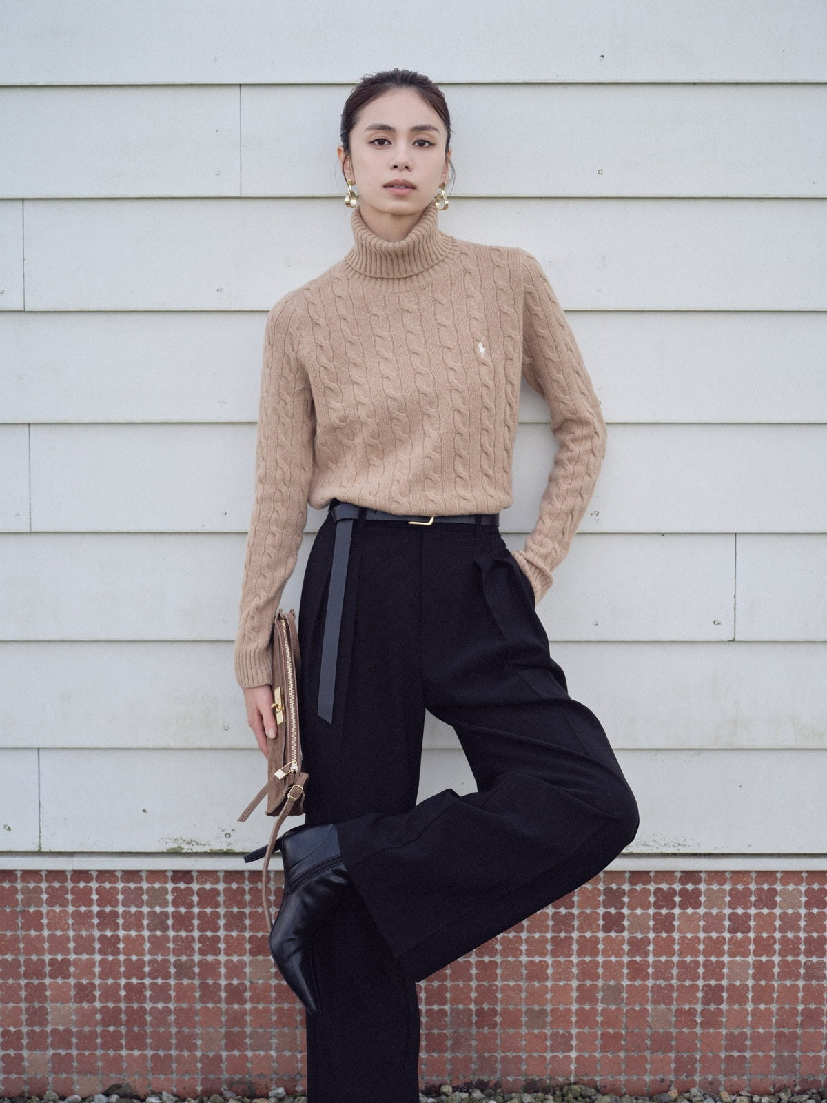 【POLO RALPH LAUREN】Wool-Cashmere Cable Turtleneck Sweater