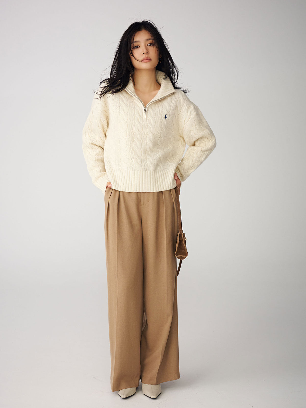 【POLO RALPH LAUREN】Wool-Cashmere Cable Half-Zip Sweater