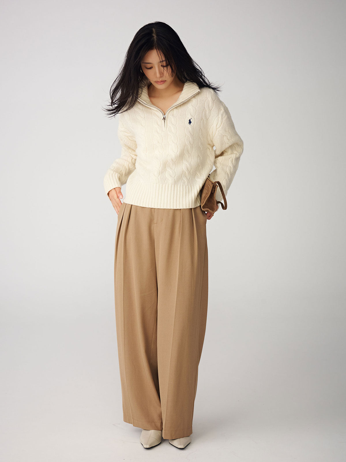 【POLO RALPH LAUREN】Wool-Cashmere Cable Half-Zip Sweater