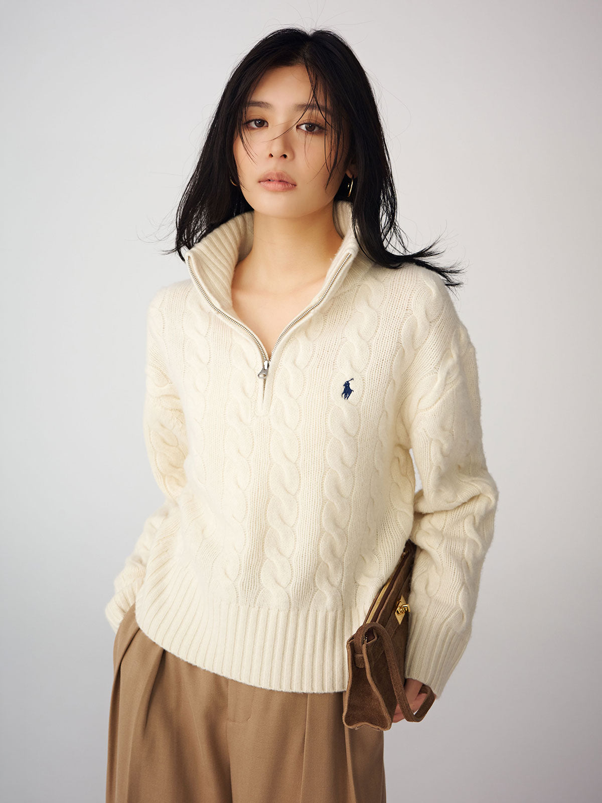 【POLO RALPH LAUREN】Wool-Cashmere Cable Half-Zip Sweater