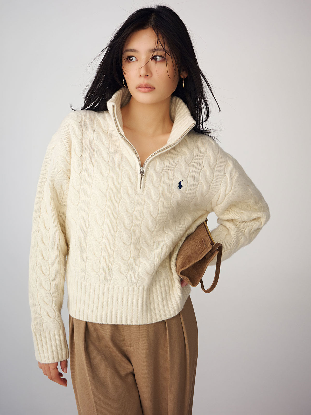 【POLO RALPH LAUREN】Wool-Cashmere Cable Half-Zip Sweater