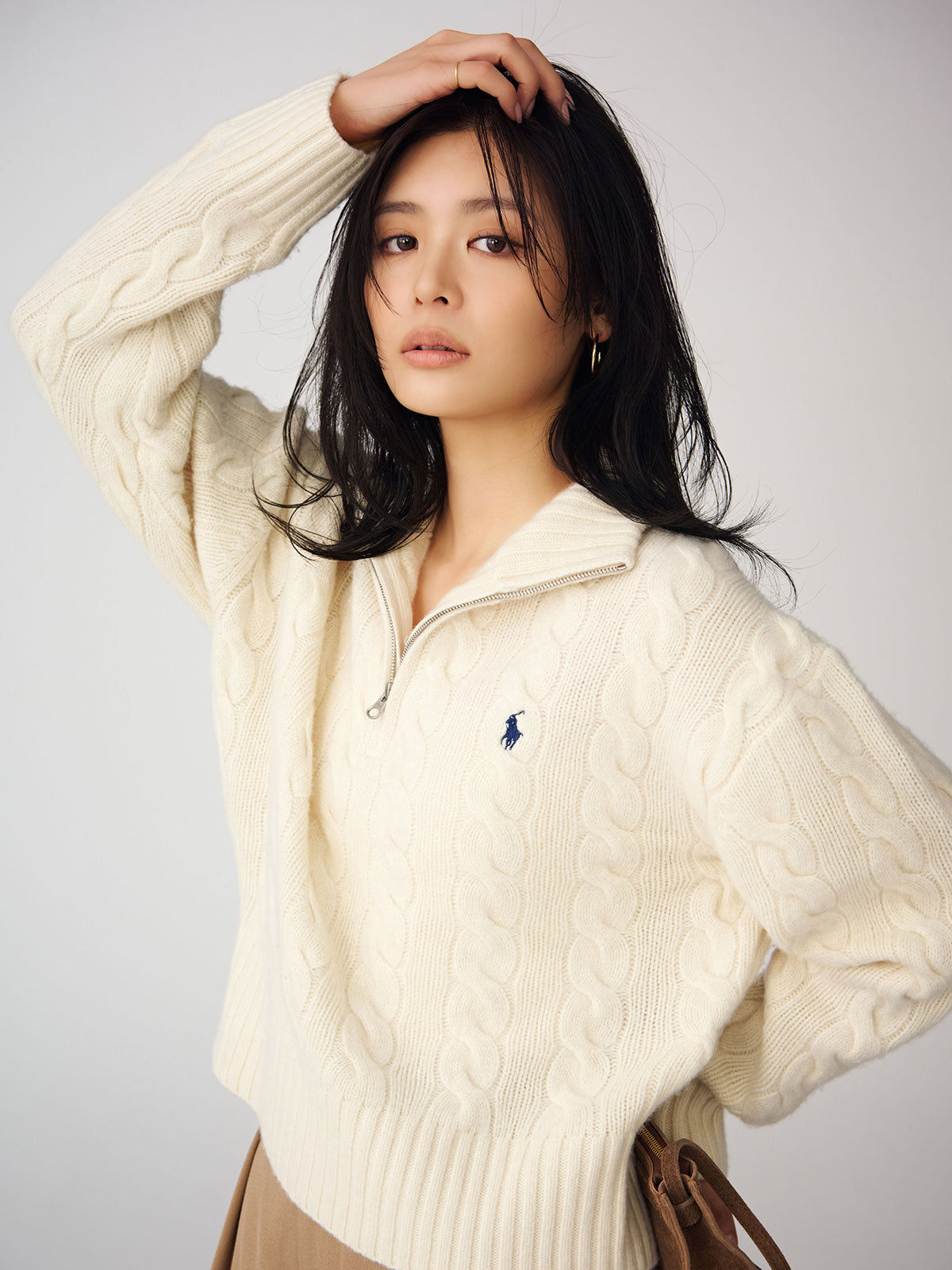 【POLO RALPH LAUREN】Wool-Cashmere Cable Half-Zip Sweater