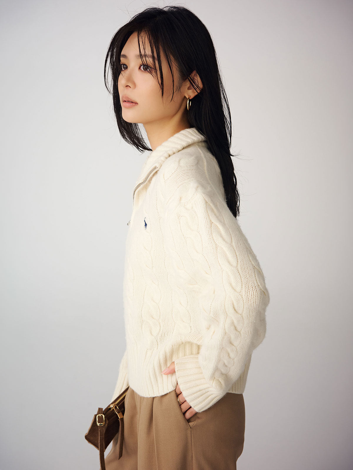 【POLO RALPH LAUREN】Wool-Cashmere Cable Half-Zip Sweater