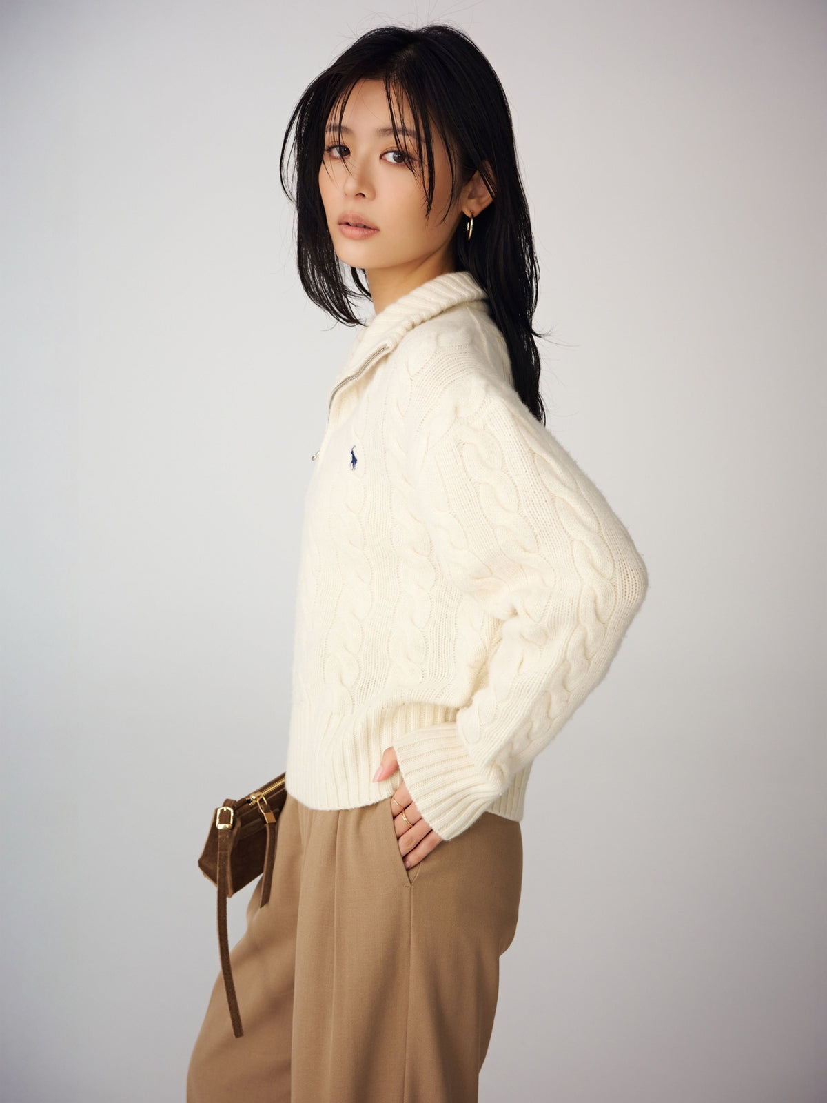 【POLO RALPH LAUREN】Wool-Cashmere Cable Half-Zip Sweater