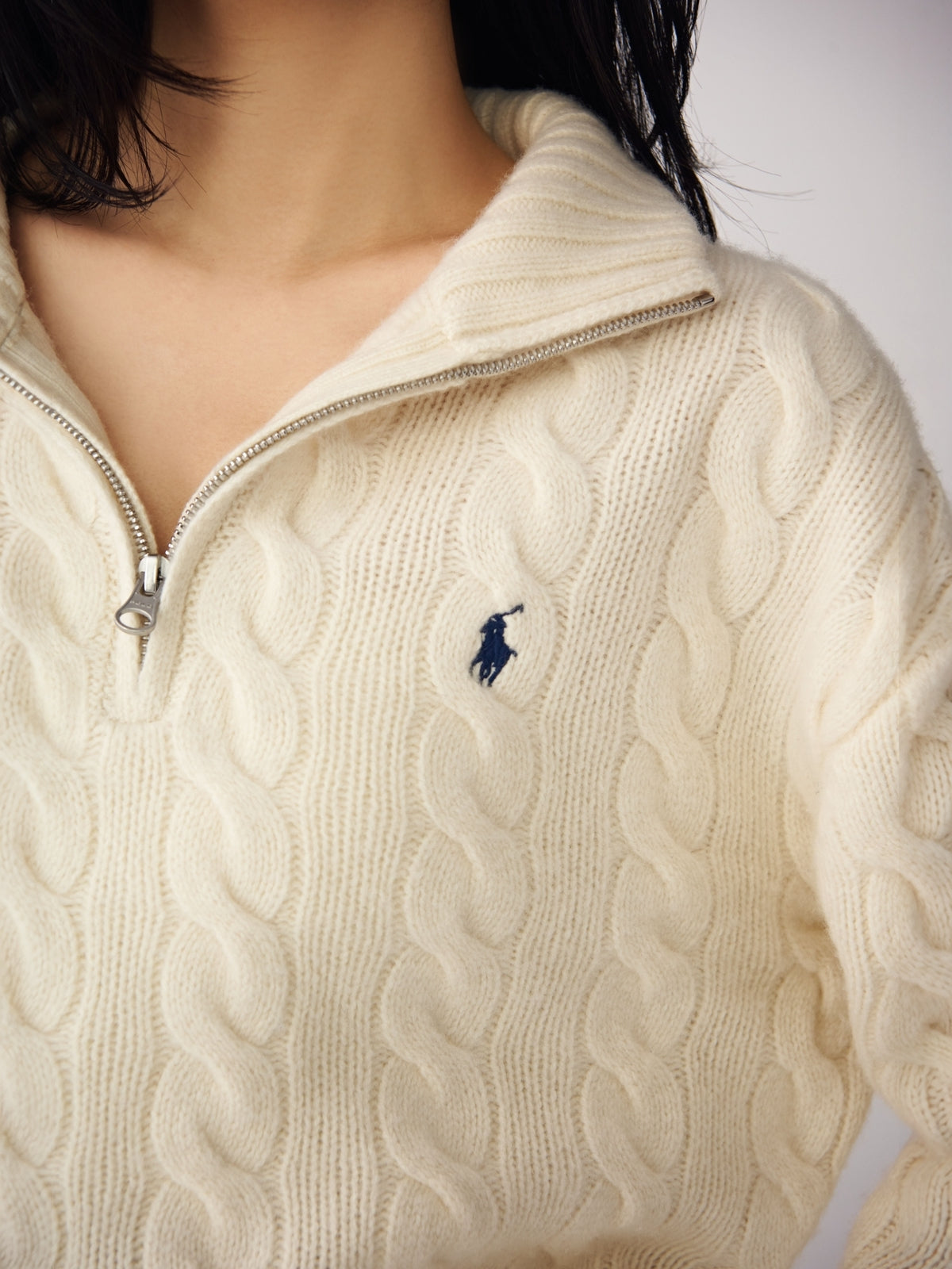 【POLO RALPH LAUREN】Wool-Cashmere Cable Half-Zip Sweater
