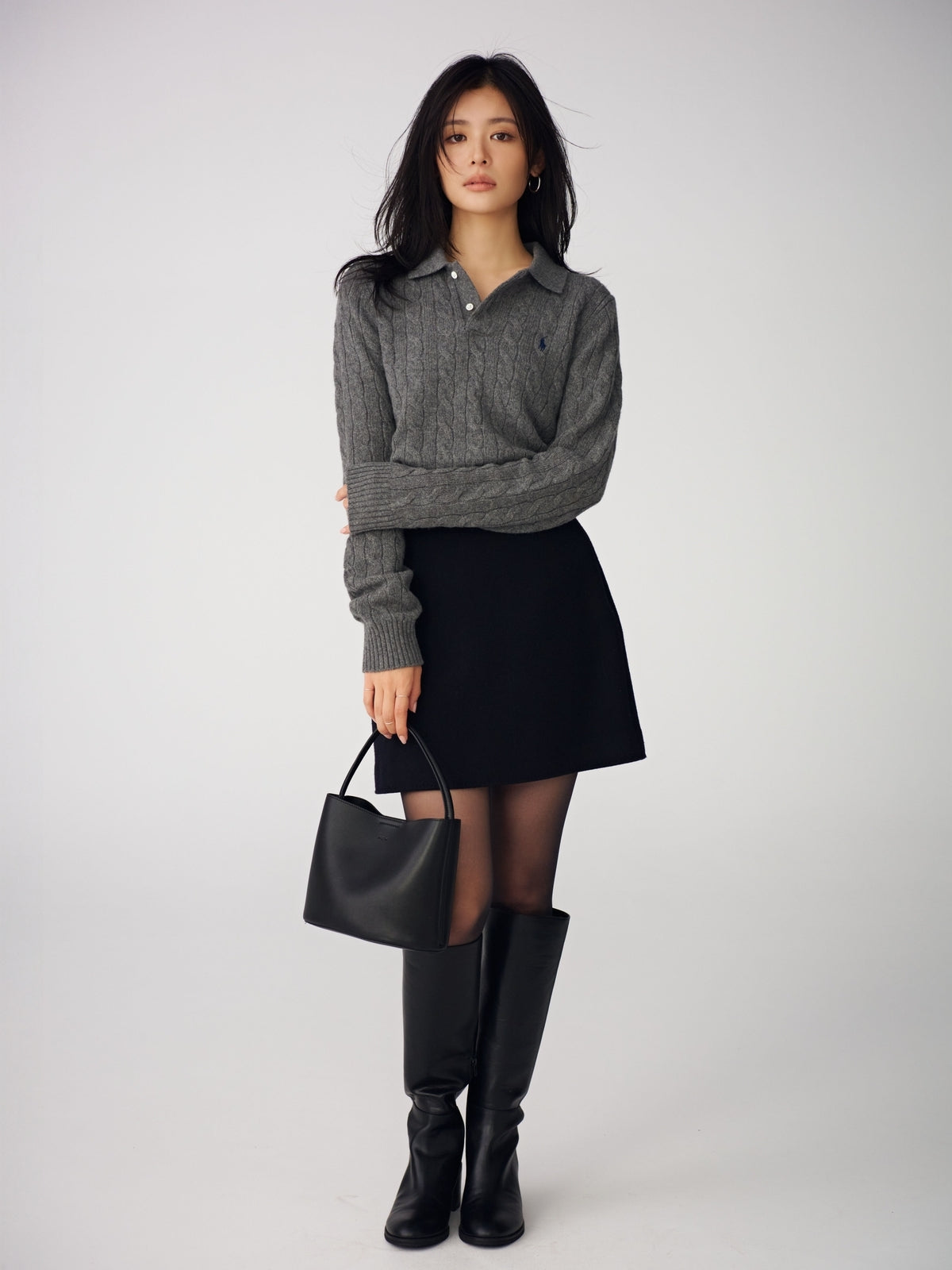 【POLO RALPH LAUREN】Wool-Cashmere Cable Polo Sweater