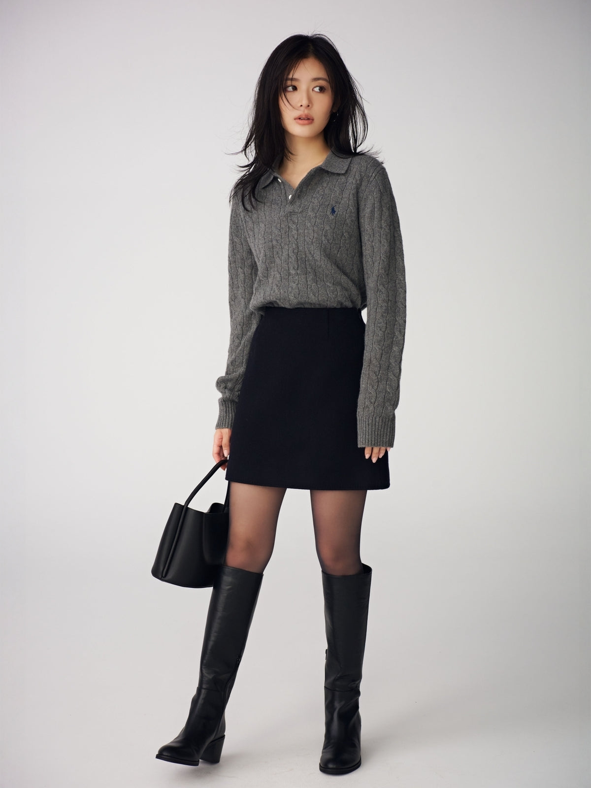 【POLO RALPH LAUREN】Wool-Cashmere Cable Polo Sweater