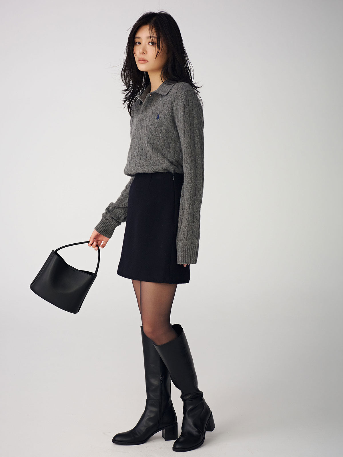【POLO RALPH LAUREN】Wool-Cashmere Cable Polo Sweater