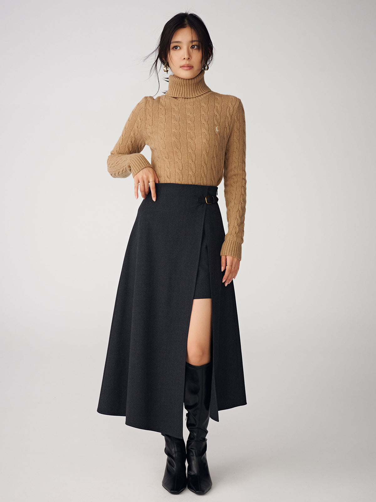 【POLO RALPH LAUREN】Wool-Cashmere Cable Turtleneck Sweater