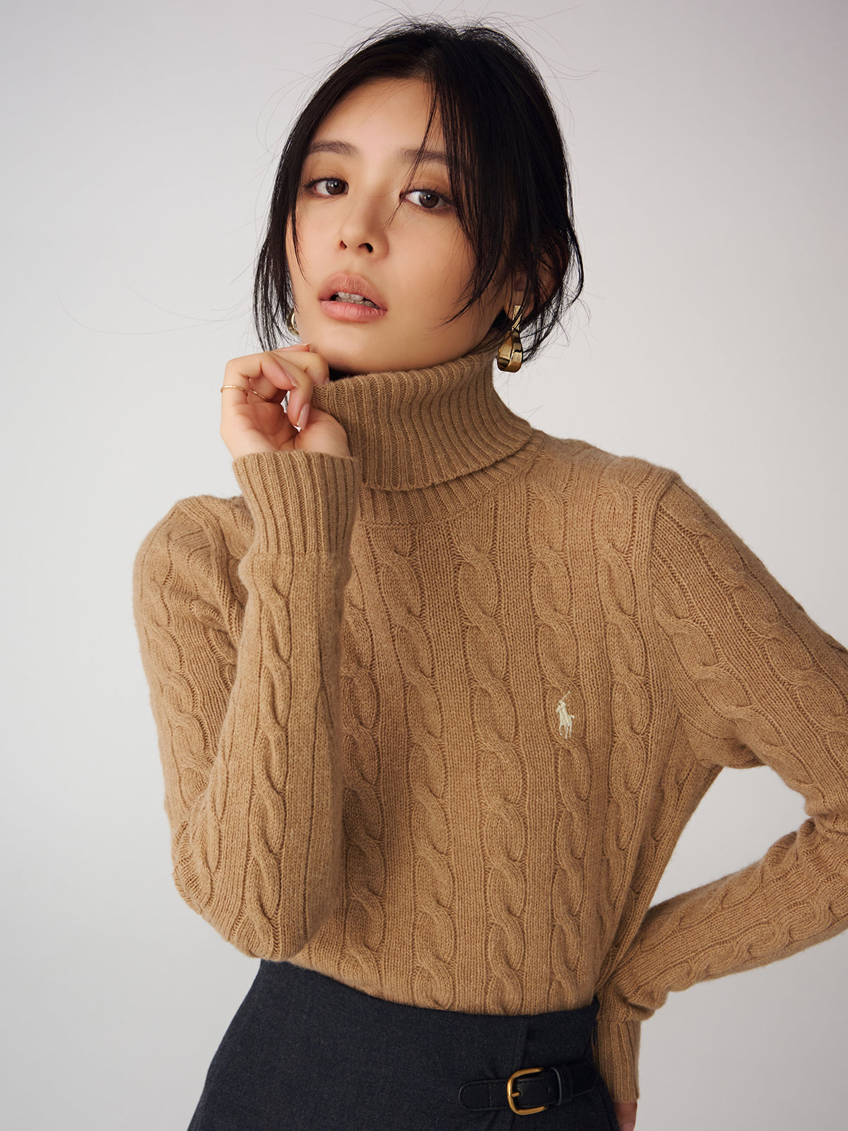 【POLO RALPH LAUREN】Wool-Cashmere Cable Turtleneck Sweater