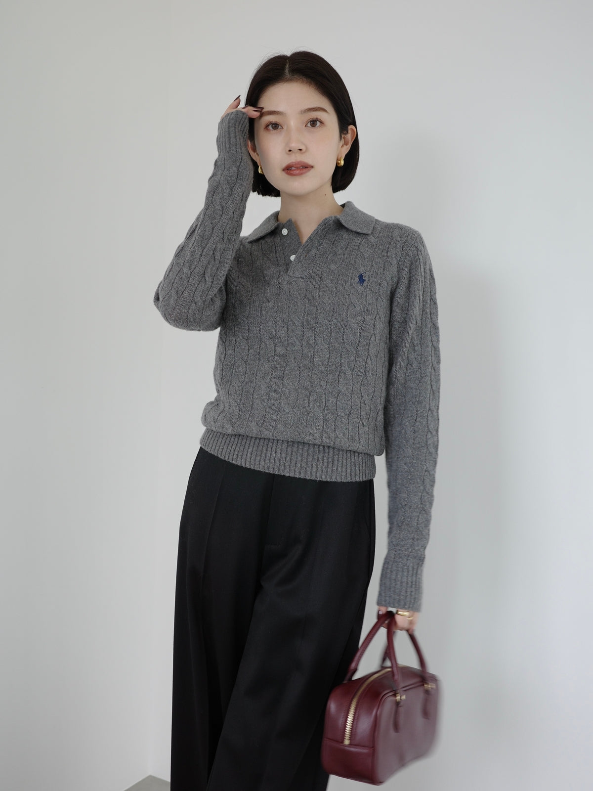 【POLO RALPH LAUREN】Wool-Cashmere Cable Polo Sweater
