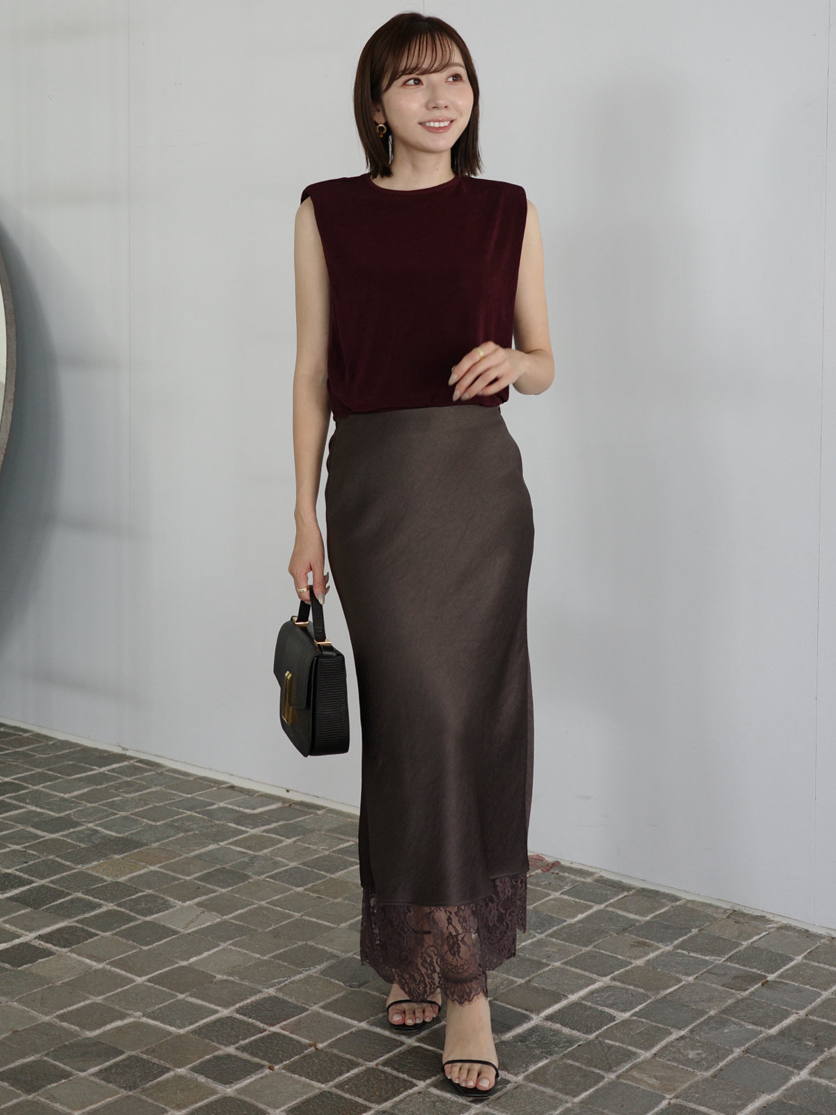 レースレイヤードサテンナロースカート