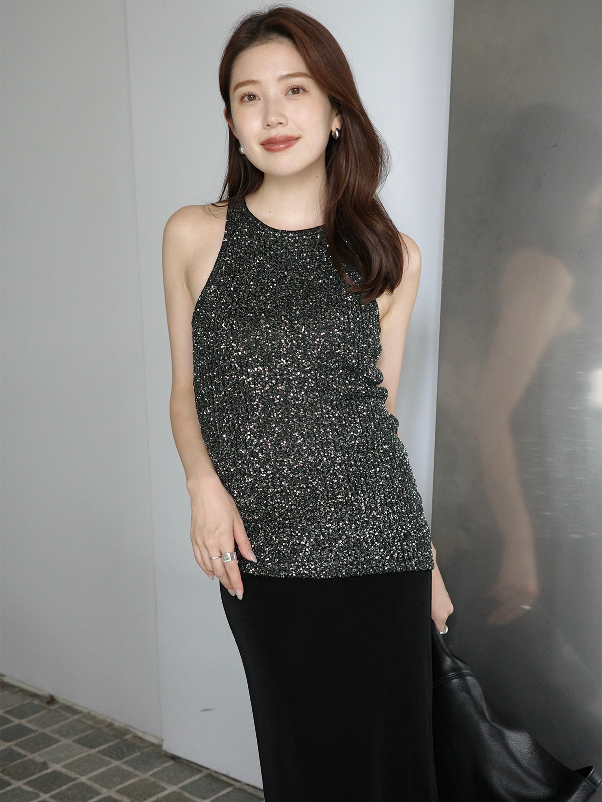 アニュアンス　スパンコールアメスリニットタンク　BEG フリーサイズ スパンコールアメスリニットタンク