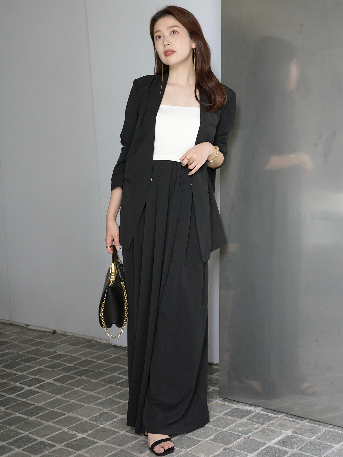 ライトダブルサテンハイウエストパンツ