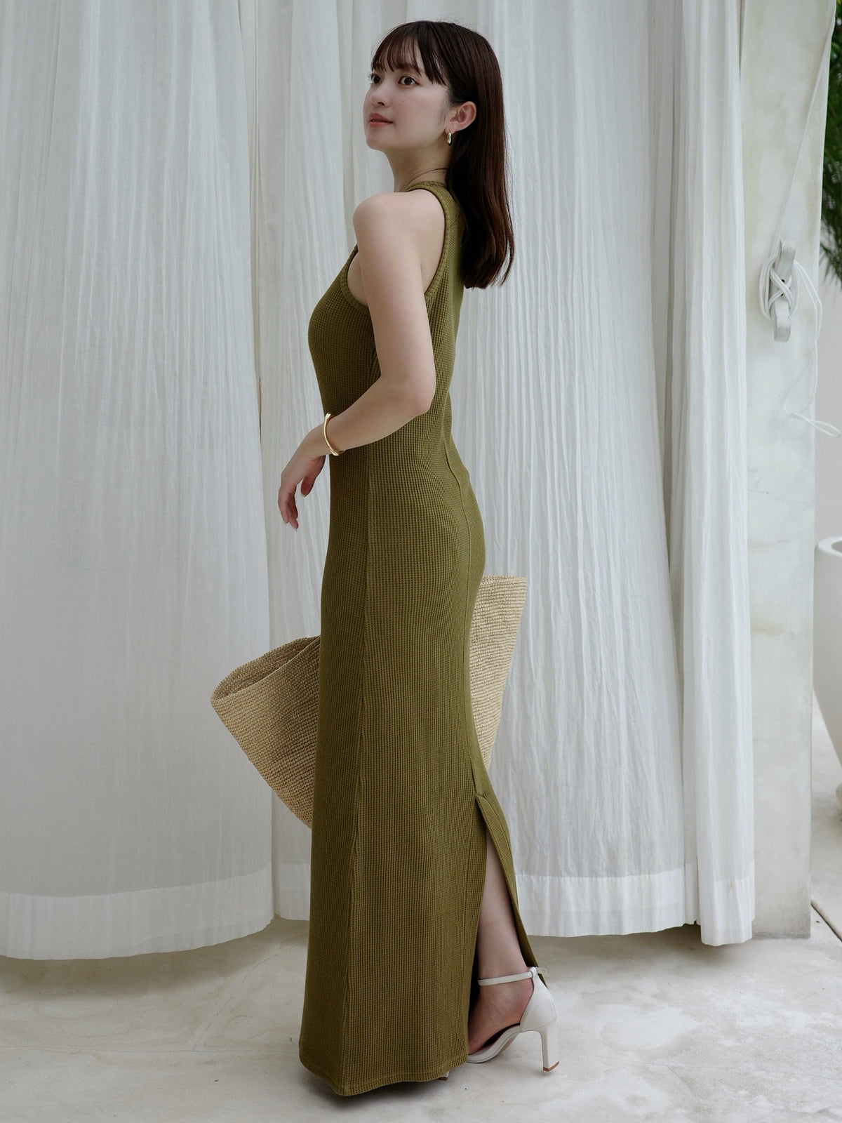 华夫格窄身连衣裙