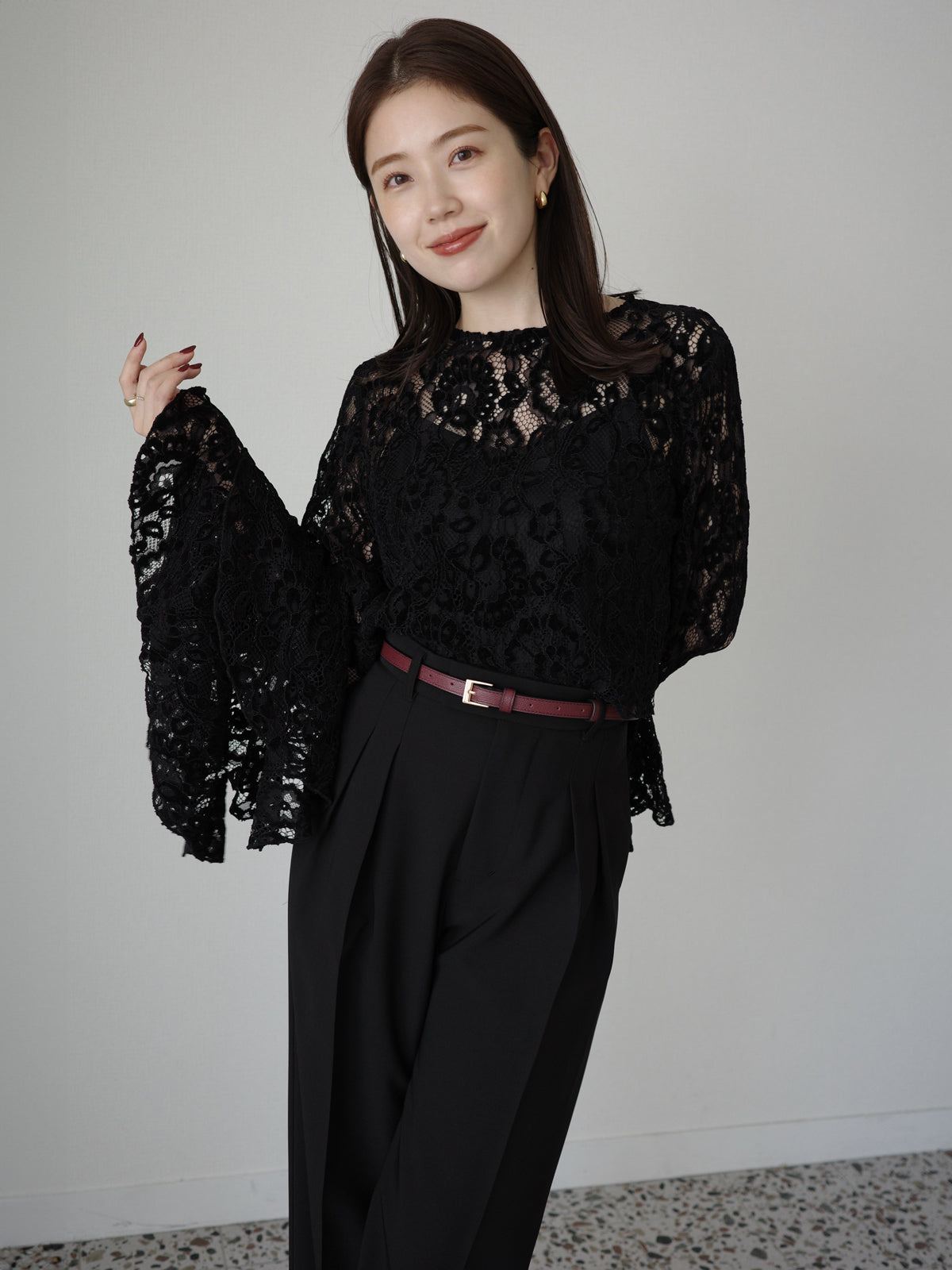 anuans ベロアレースボリュームスリーブブラウス ベロアレースボリュームスリーブブラウス