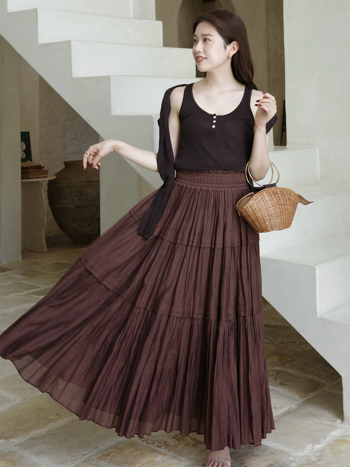 Indiaシルクブレンドティアードスカート