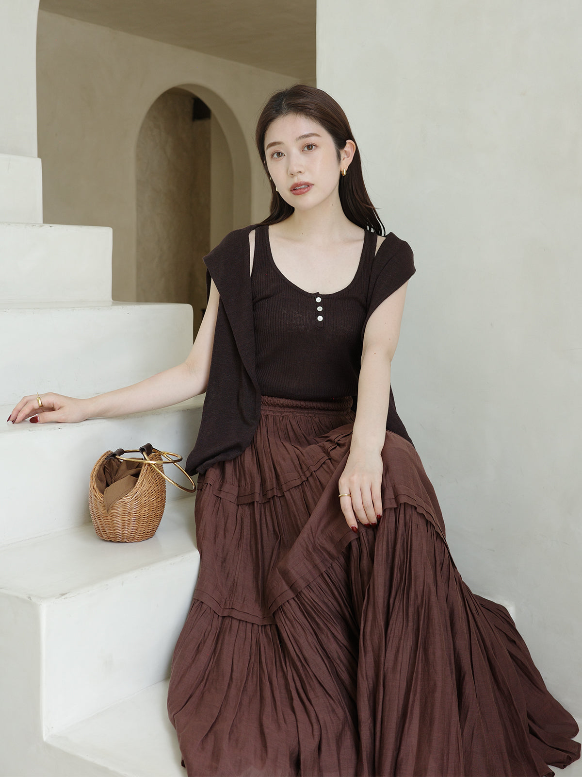 Indiaシルクブレンドティアードスカート