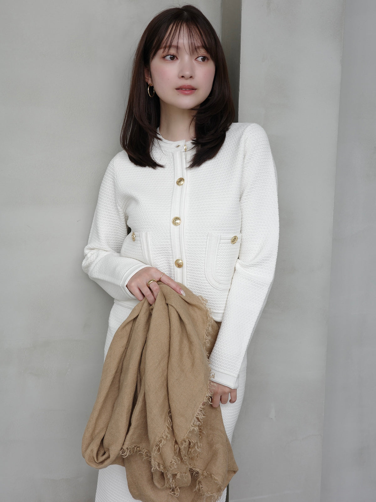 ノーカラーラーベンニットジャケット