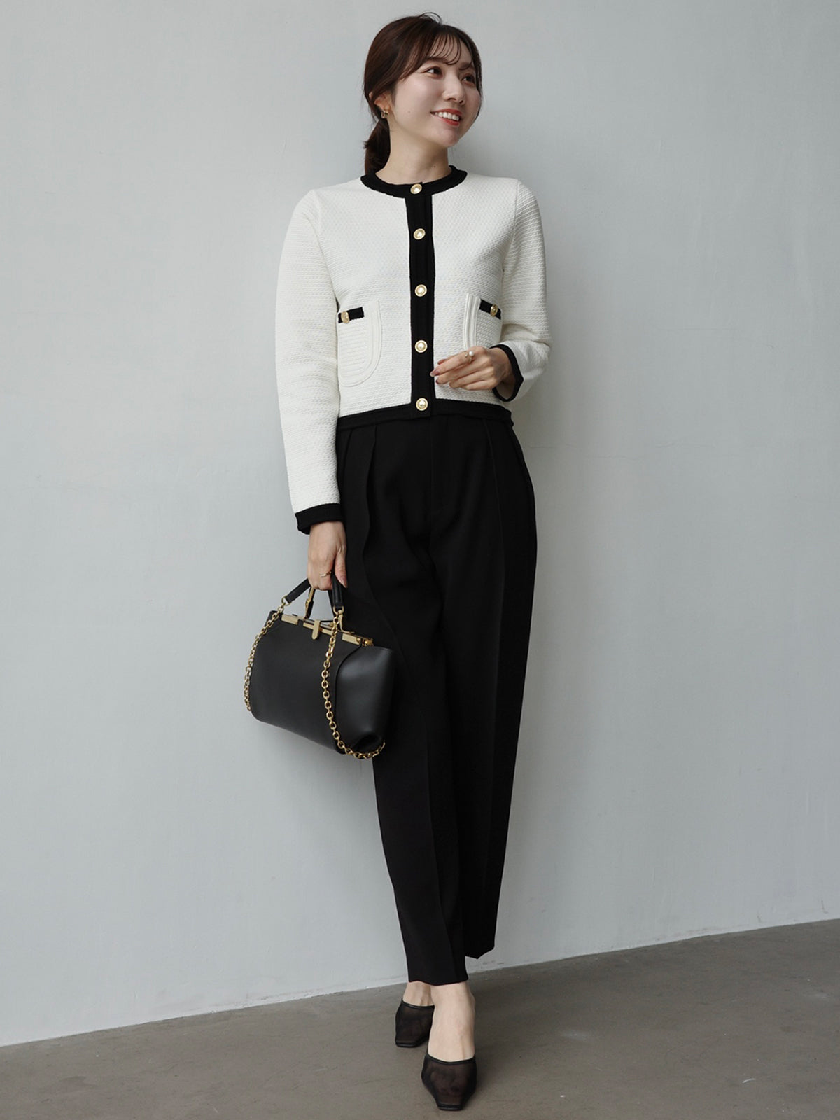 ノーカラーラーベンニットジャケット