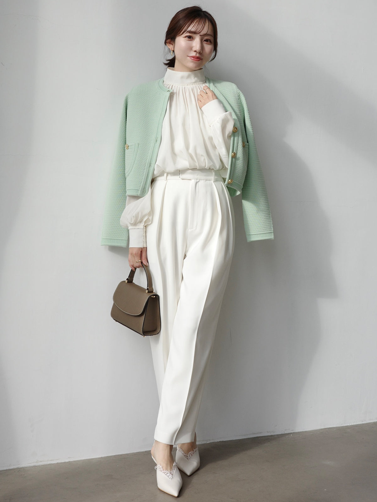 ノーカラーラーベンニットジャケット