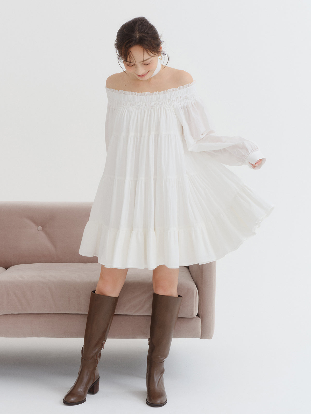 ティアードオフショルミニワンピース