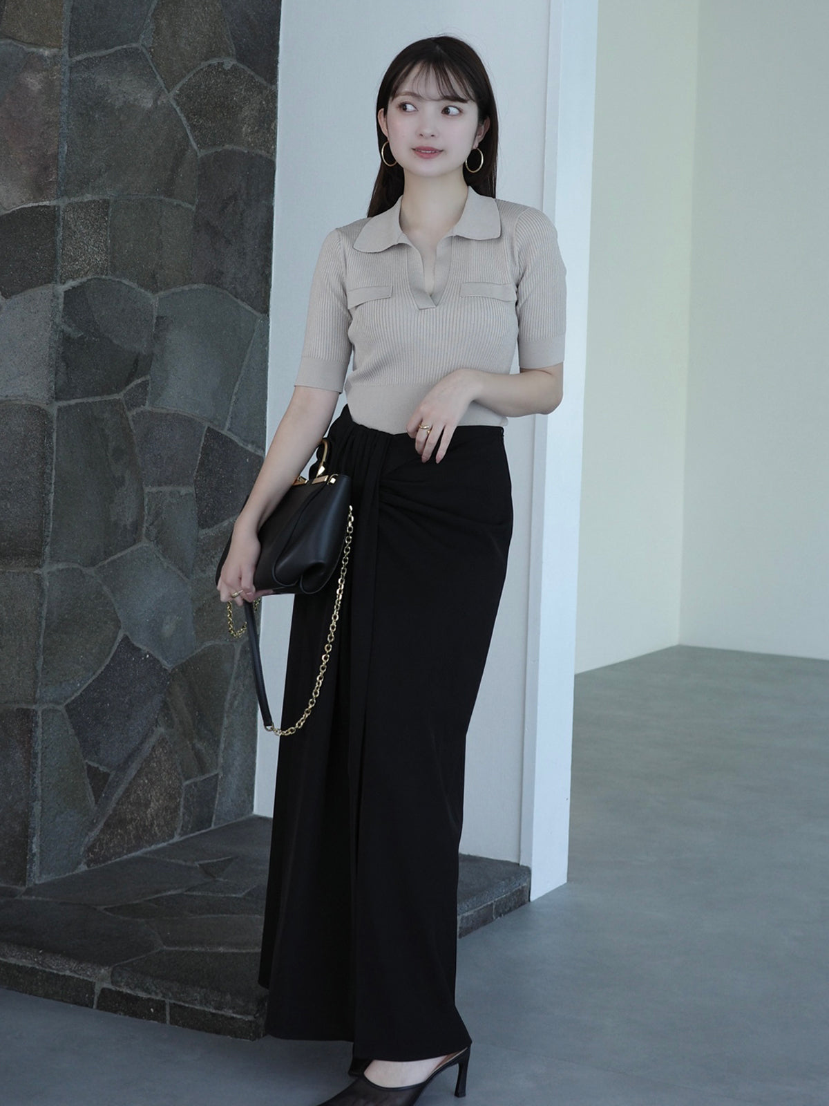 アセテートスキッパーリブニットトップス