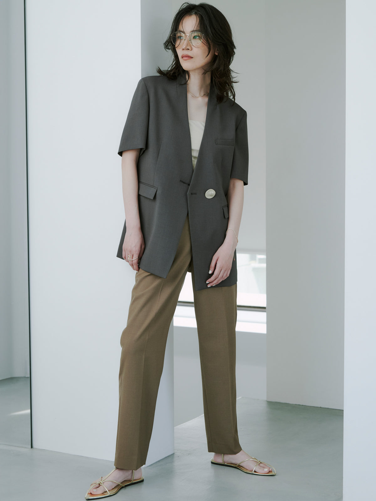 【新品タグ付き】anuans ハイネックノーカラージャケット CGRY フリー ハイネックノーカラージャケット