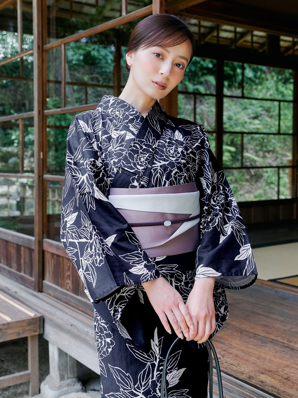 line art peony yukata set - NAVY