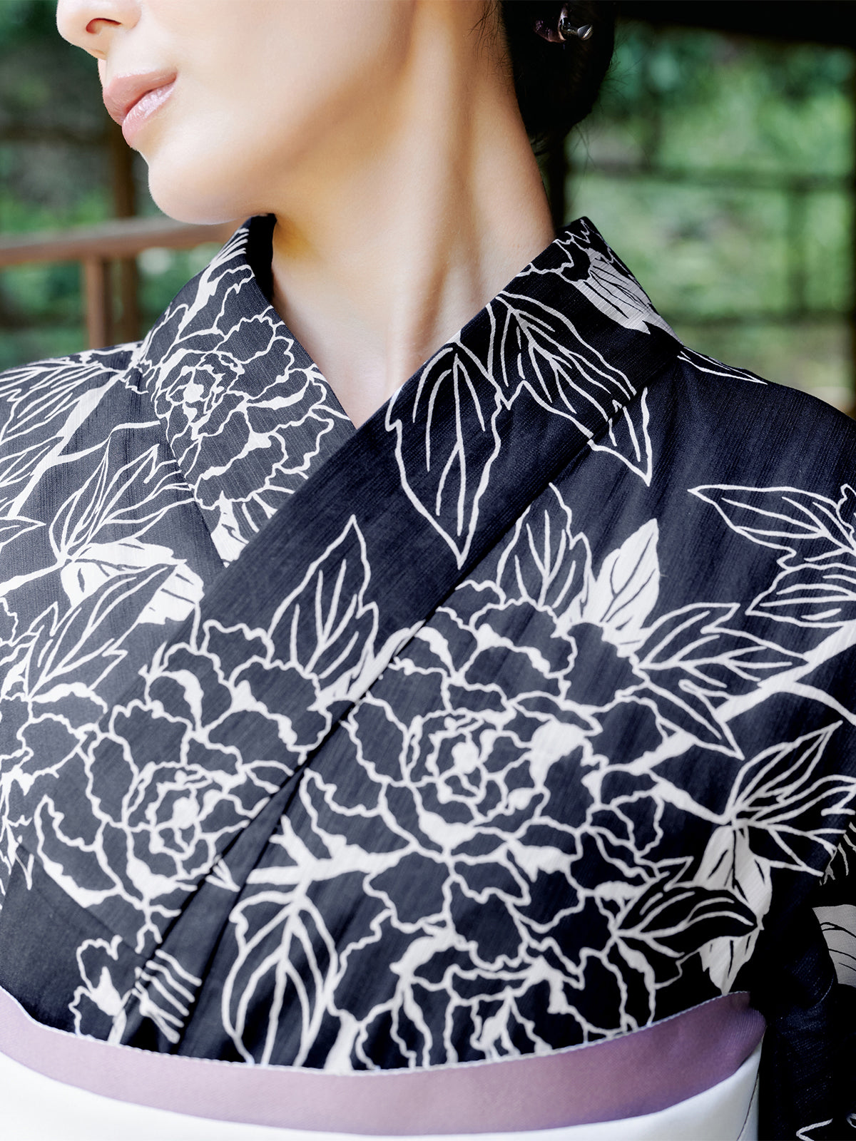 line art peony yukata set - NAVY