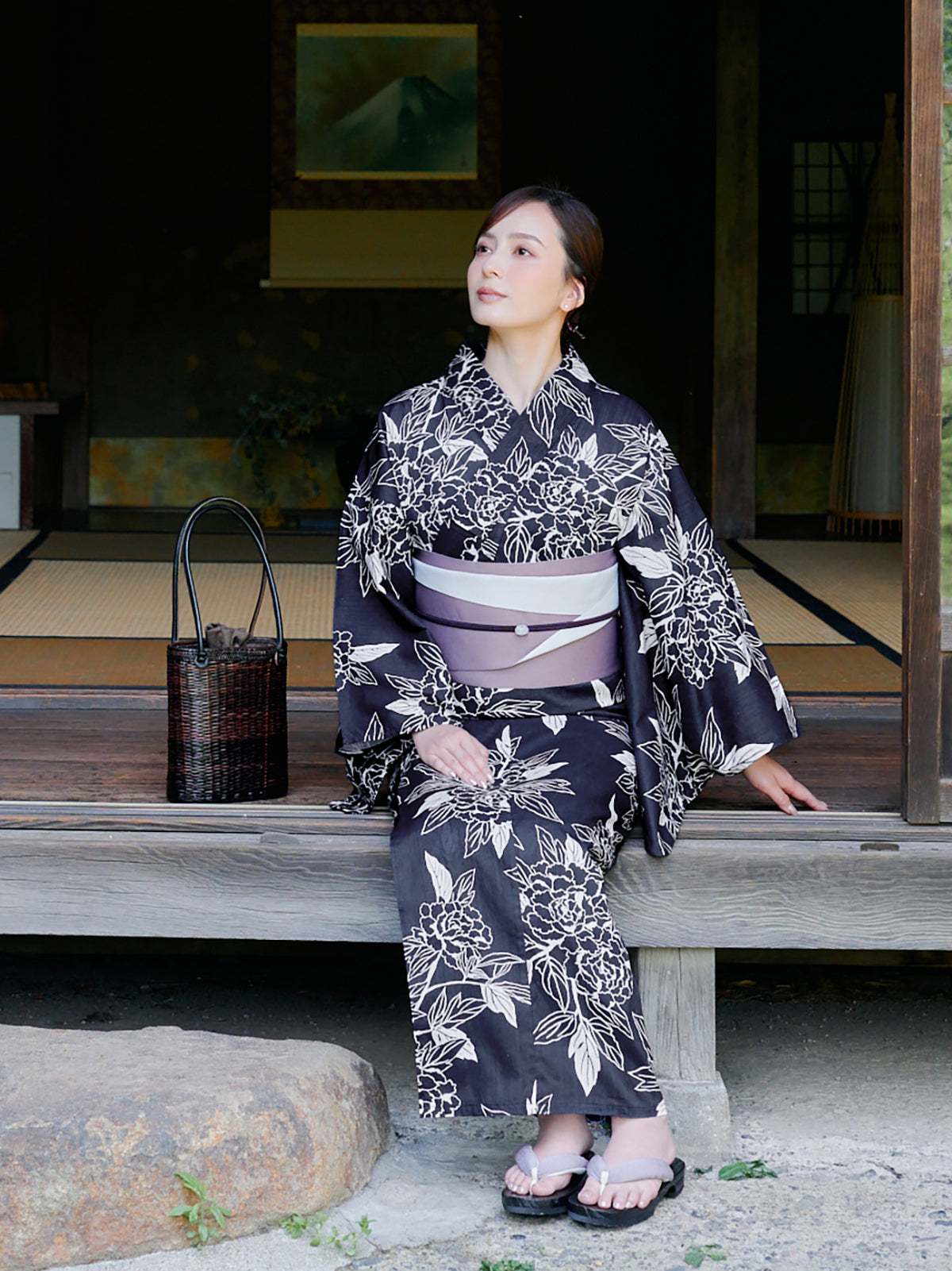 line art peony yukata set - NAVY