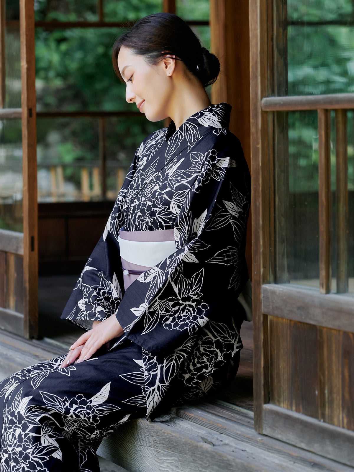 line art peony yukata set - NAVY