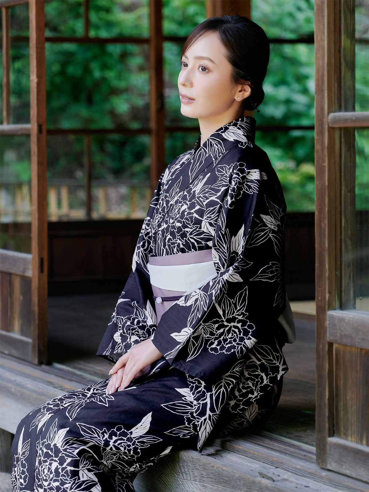 line art peony yukata set - NAVY