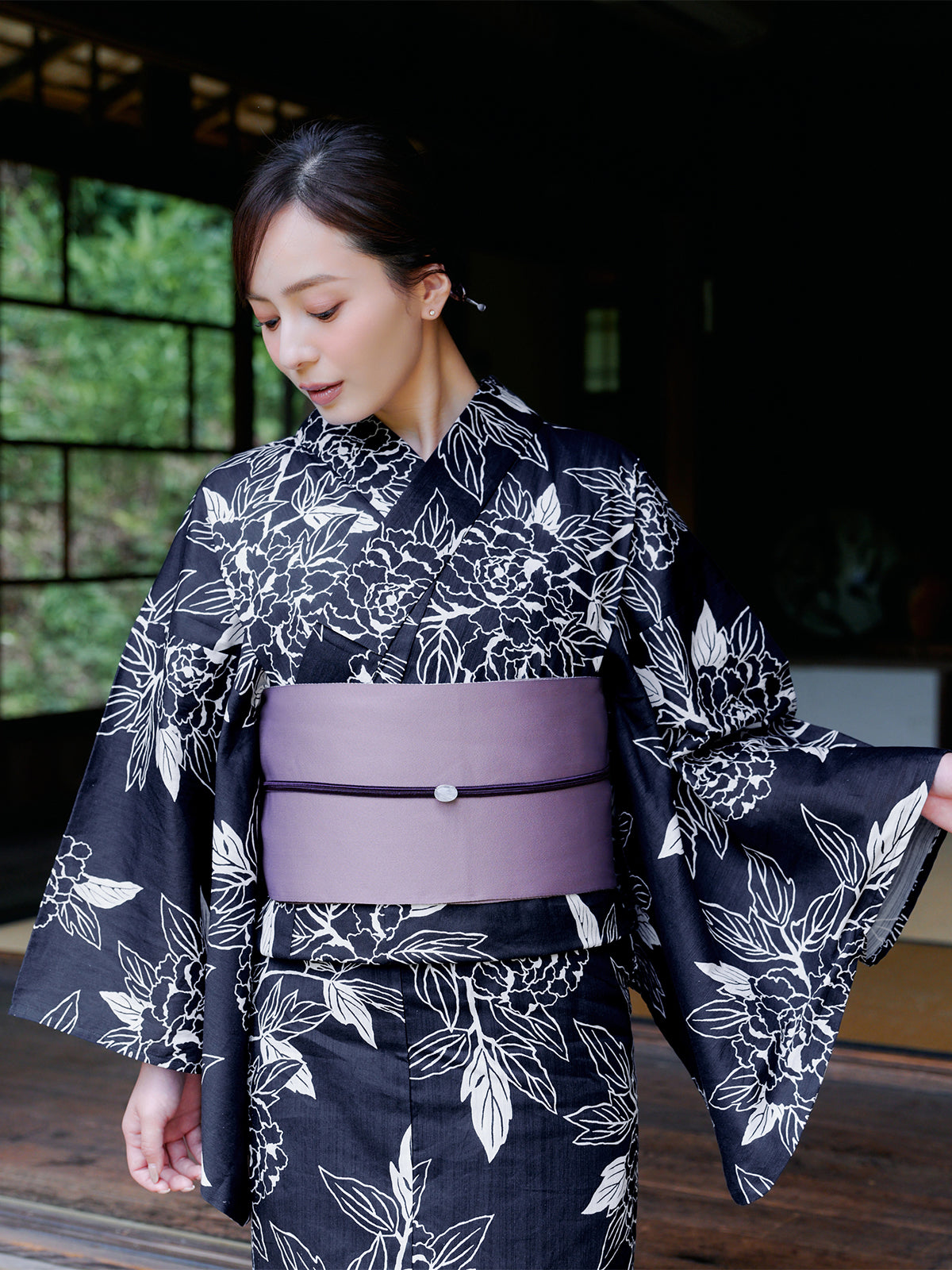 line art peony yukata set - NAVY