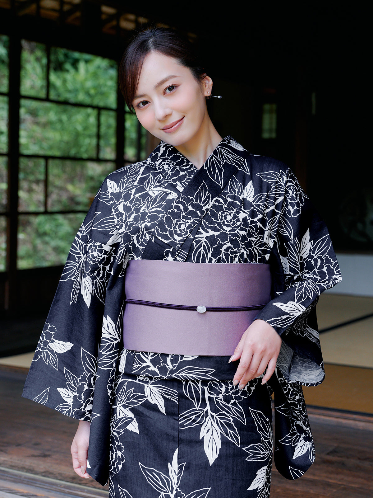 line art peony yukata set - NAVY