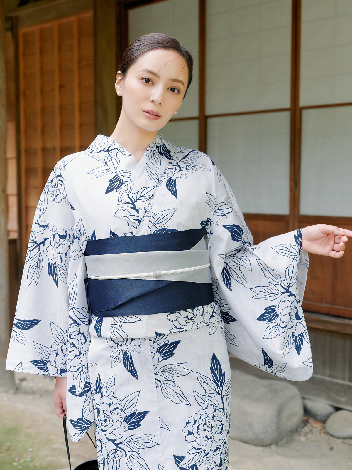 line art peony yukata set - WHITE