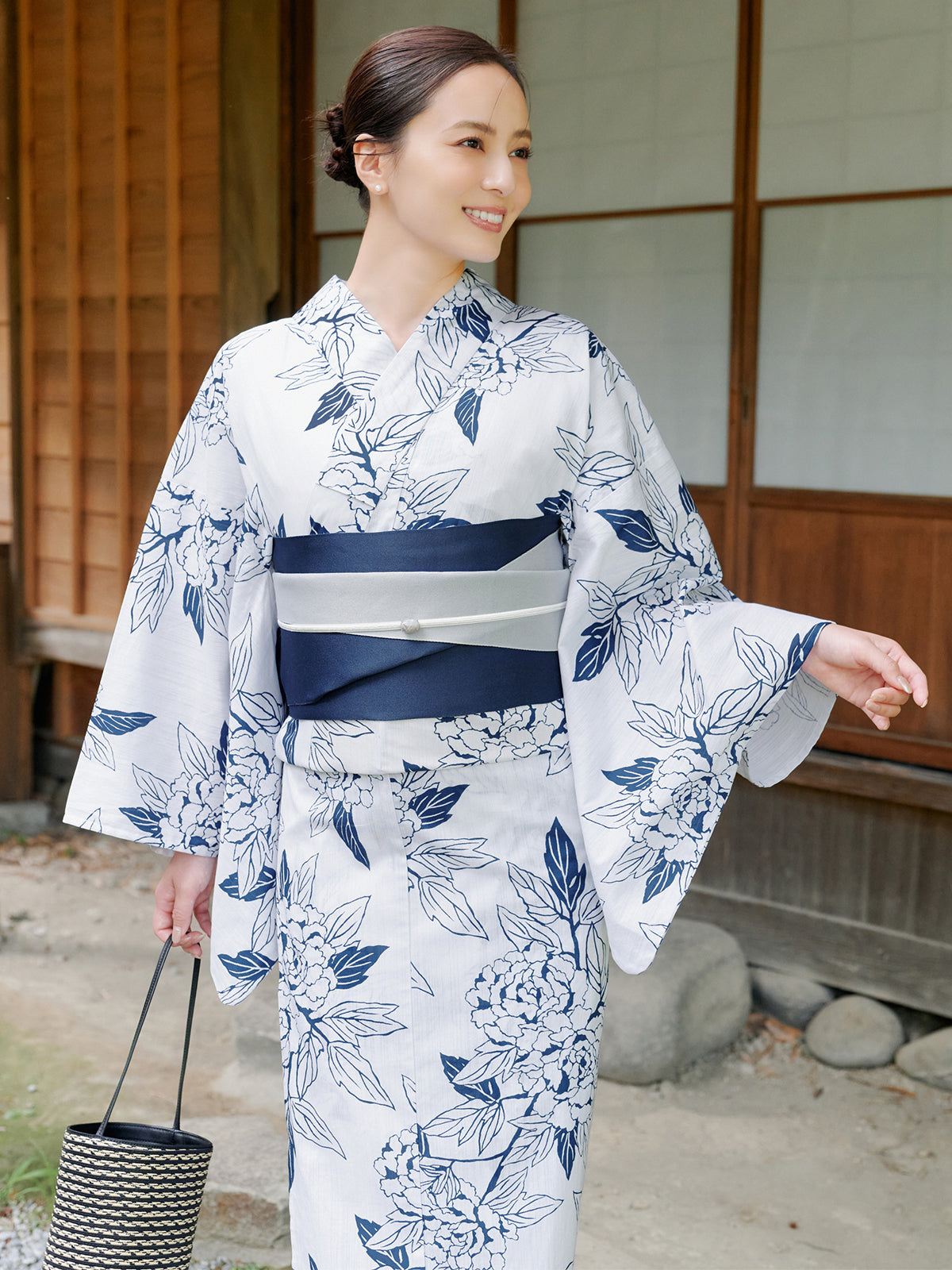 line art peony yukata set - WHITE